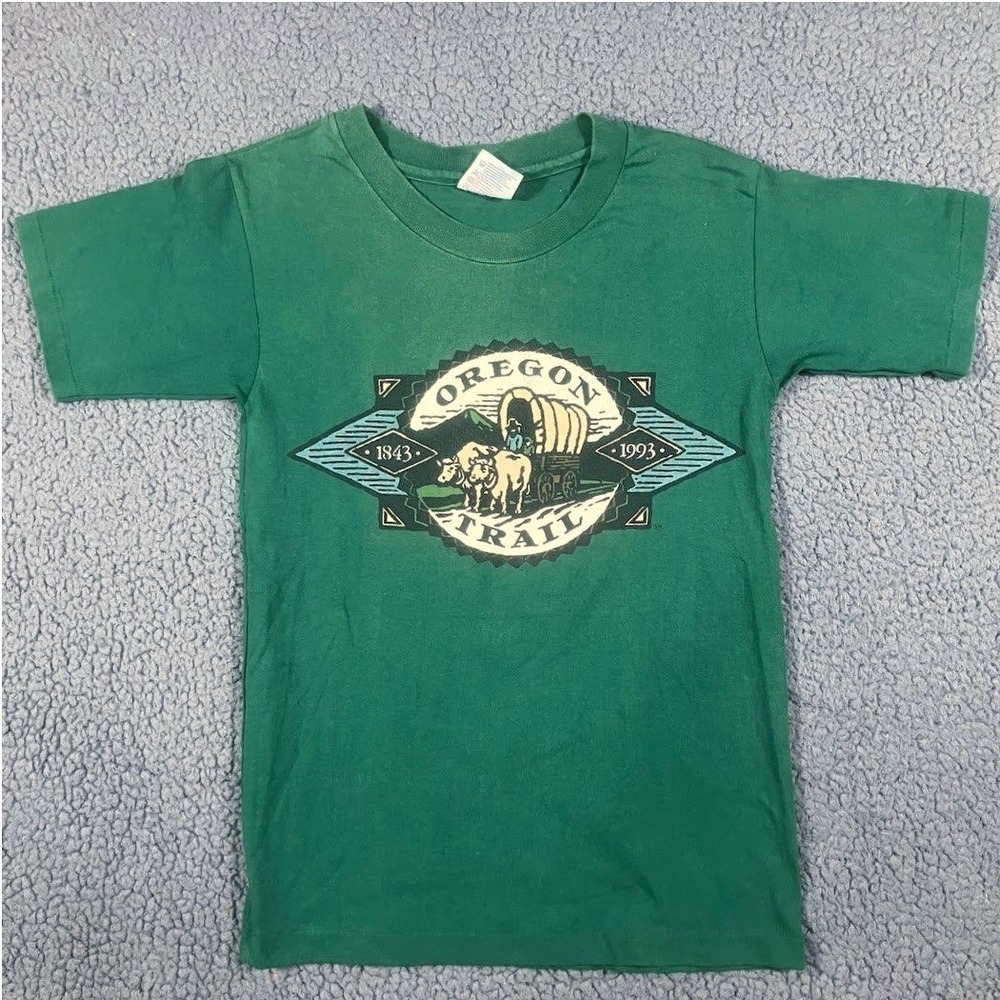 Vintage 93 Oregon Trail T Shirt Hanes Heavyweight Single Stitch Green XL Youth